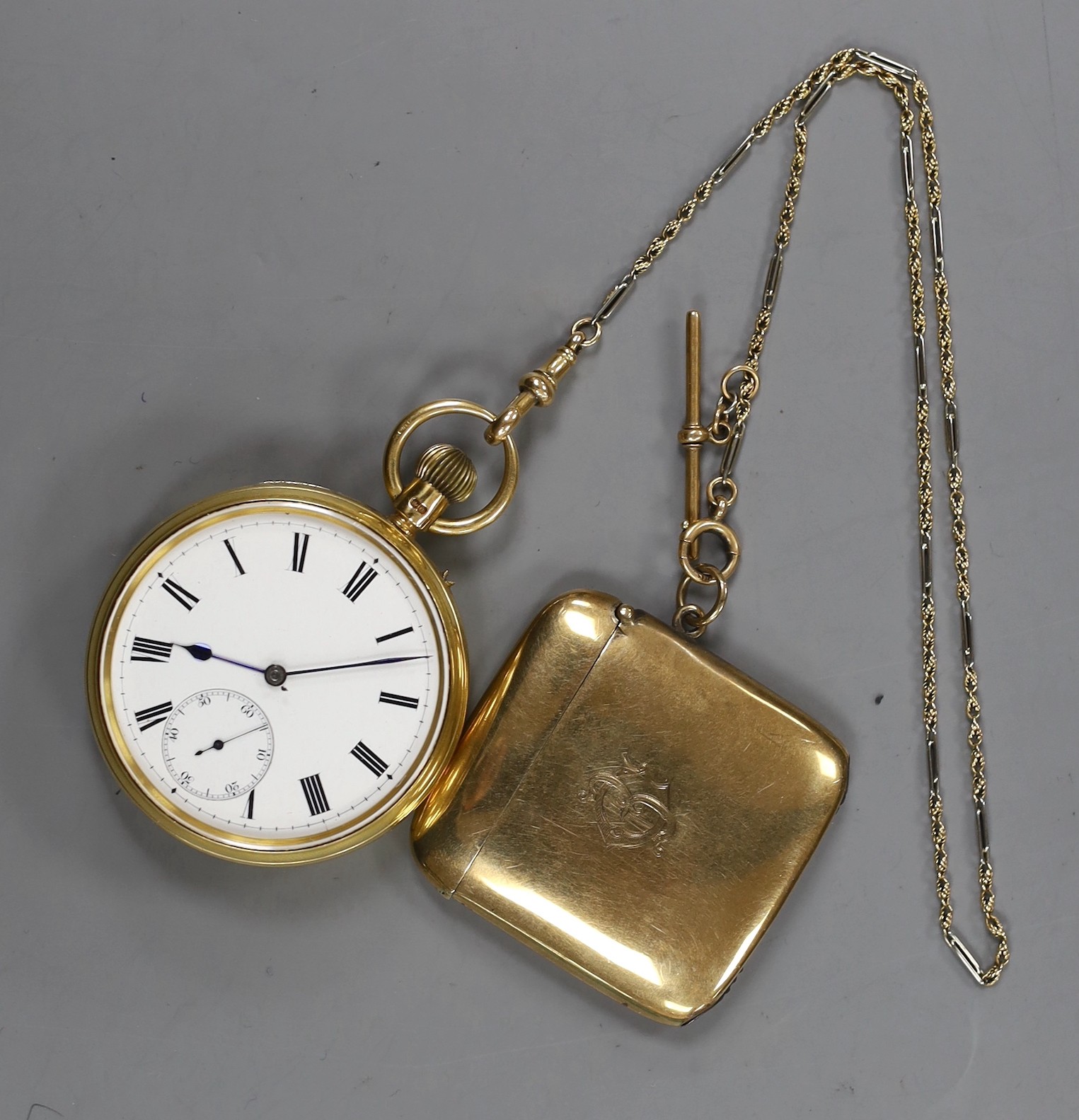 An 18ct gold open faced keyless pocket watch, by R.H. Saxton of Buxton, with Roman dial and engraved monogram to the case back, case diameter 50mm, together with a two colour 18ct albert and a George V 9ct gold vesta cas